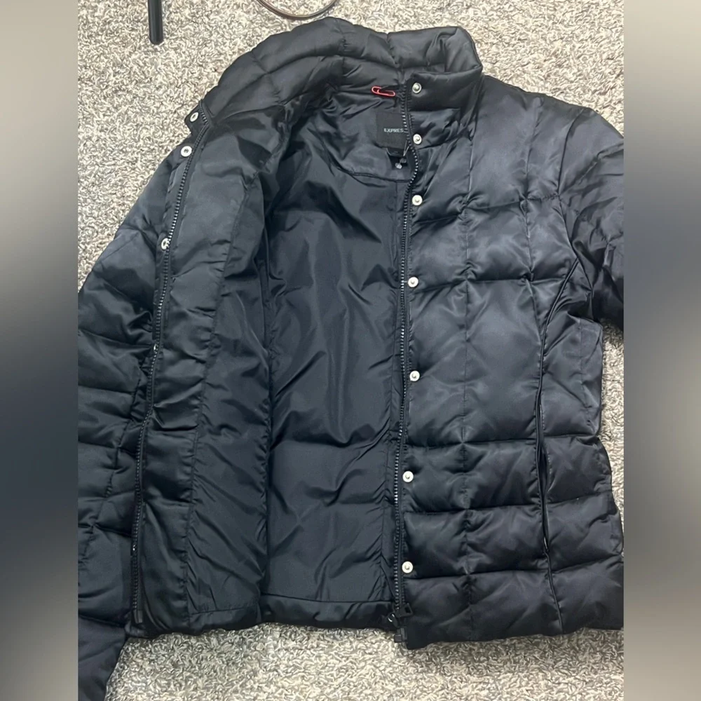 Express Black Puffer Jacket with High Collar pockets button &‎ zipper closure